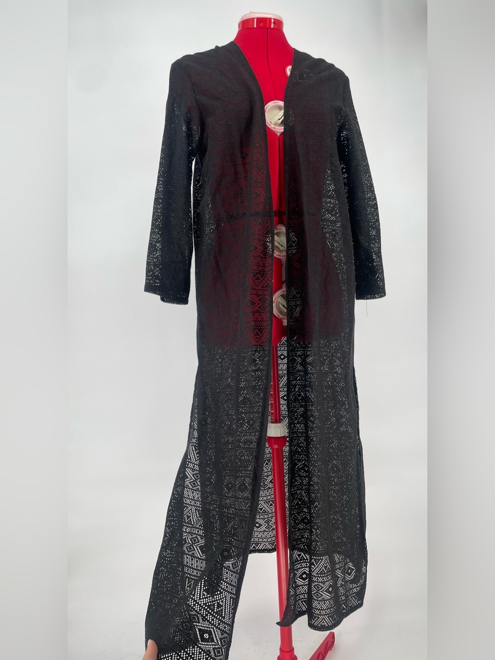 Mixit Black Geometric Tribal Print Sheer Maxi Length Swim Coverup / Duster